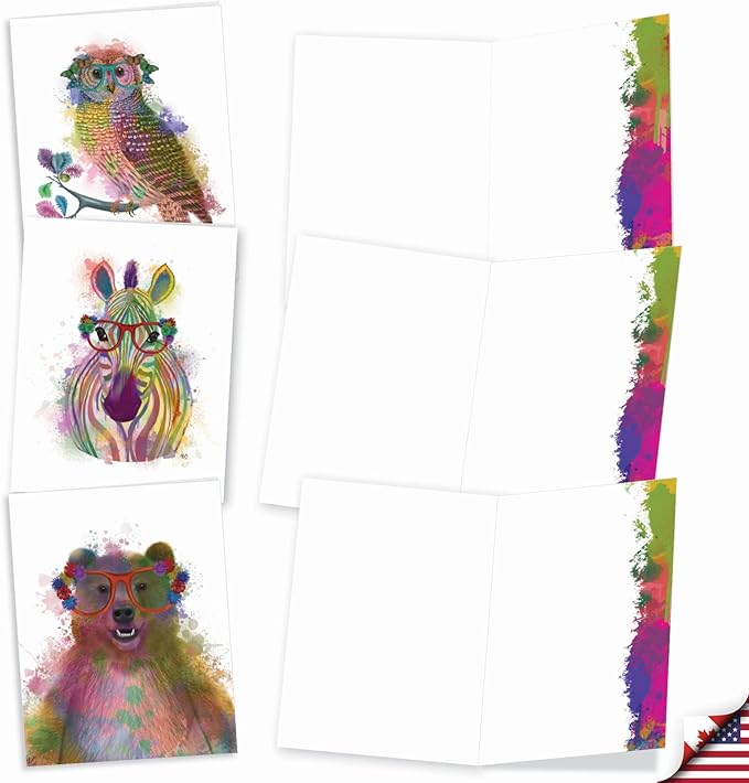 The Best Card Company - 20 Assorted Watercolor Animal Blank Notecards Box Set 4 x 5 In with Envelopes (10 Designs) Camp Note Cards Stationery Set, Funky Rainbow Wildlife AM4948OCB-B2x10