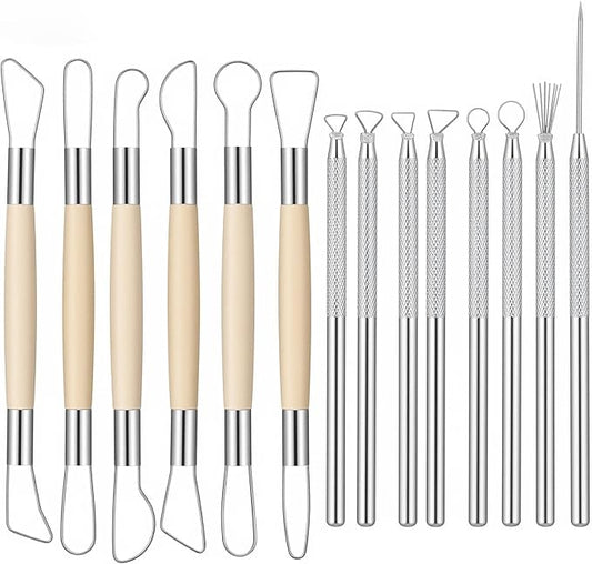 14pcs Pottery Trimming Tools Set, Clay Carving Tools with Aluminum Wood Stainless Steel for Carving Modeling Sculpting
