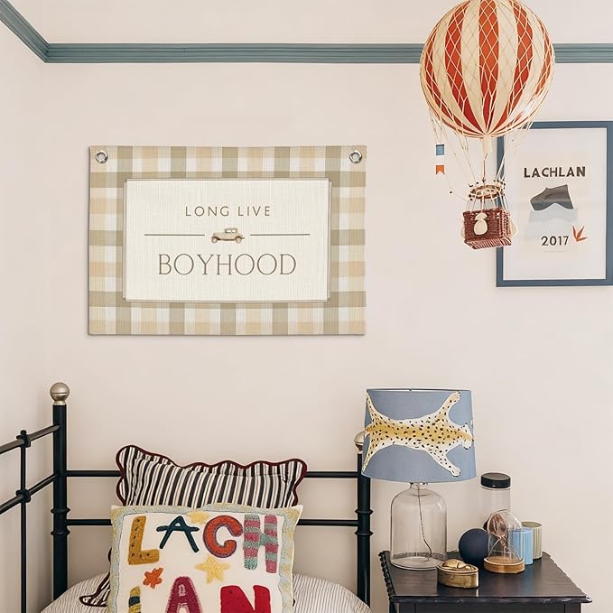 Vintage Long Live Boyhood Boys Room Decor Wall Art,Car Room Decor Linen Banner Print Wall Hanging for Toddler Dorm Playroom Nursery 30X20 Inch
