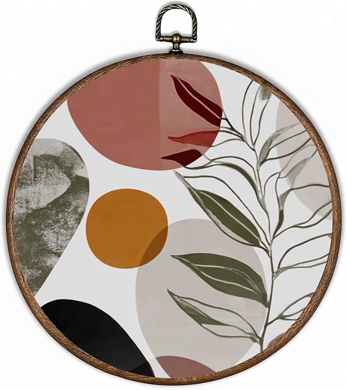 365CUSGIFTS Boho Geometric Sun Leaf Round Wall Art,Framed 10x10 Canvas Print for Reading Nook, Library, or Bedroom, Hanging Decor, Gift for family, relatives, lovers and friends