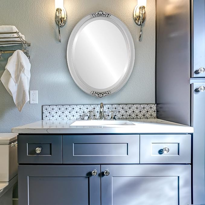 OVALCREST Oval Beveled Wall Mirror for Home Decor - Athena Style - Silver Spray - 26" x 22" Outside Dimensions