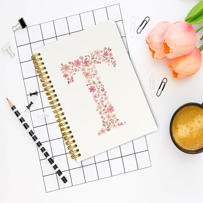 Pink Cute Spiral Notebook Journal, Preppy Floral Initial Letter T Personalized Journaling Notebooks, Monogrammed Gifts for Women Girls, Botanical Hardcover Spiral Lined Notebook 5.5 x 8.3