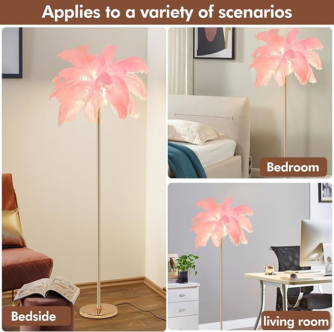 ZYLEIESENBAO Pink Feather Lamp Romantic Ostrich Feather Floor Lamp Nordic Fluffy Standing Light for Girl Bedside Creative Furry Floor Lamp for Sofa Living Room Corner in Bedroom Hotel Wedding