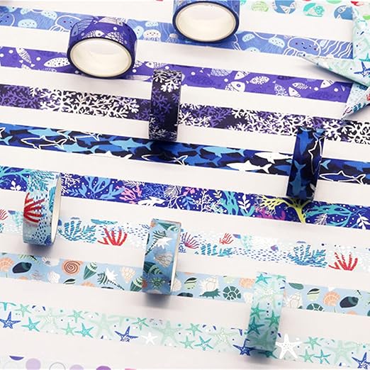 Blue Ocean Washi Tape Set 10 Rolls Bronzing Sea Decorative Masking Tapes for Scrapbooking, Bullet Journal, Planner, DIY Crafts, Gift Wrapping