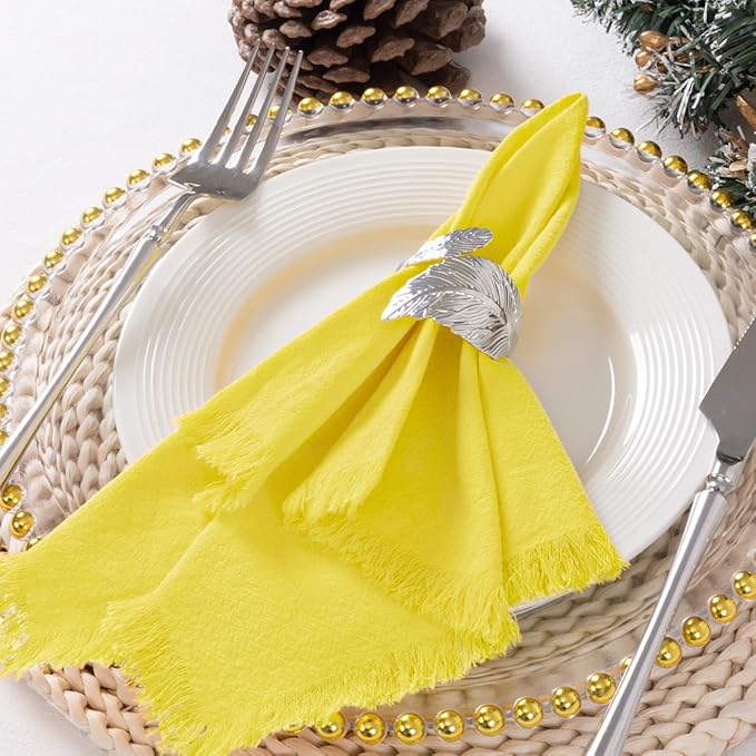 12 Pack Lemon Yellow Cotton Linen Napkins with Fringe Spring Cloth Napkins Set of 12 Boho Handmade Dinner Napkins Bulk for Wedding Bridal Baby Shower Valentine's Day, 17 x 17 Inches