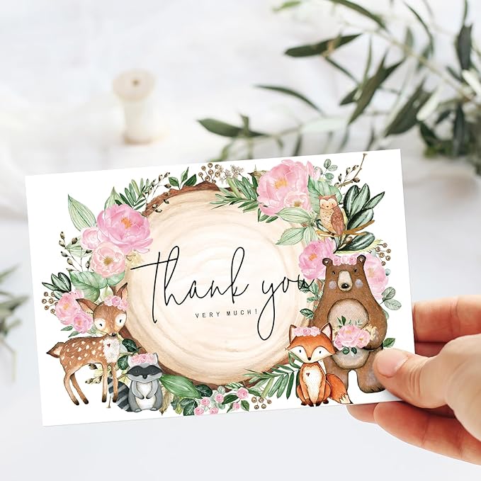 JarThenaAMCS 50 Pack Woodland Thank You Cards Boxed Pink Floral Forest Animal Greeting Cards With Envelopes Stickers Blank Note Cards for Baby Shower Birthday, 4 x 6 Inch