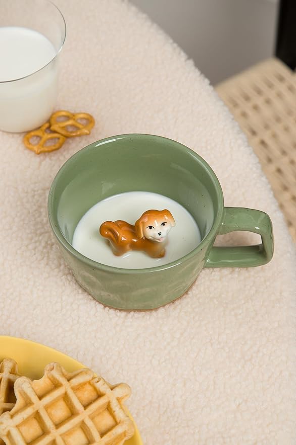 DIHOclub Farmhouse Ceramic Coffee Mug with Animal Figurine – Rustic Stoneware Cup, Matte Finish, Ideal for Breakfast & Home Decor (Green Dog)