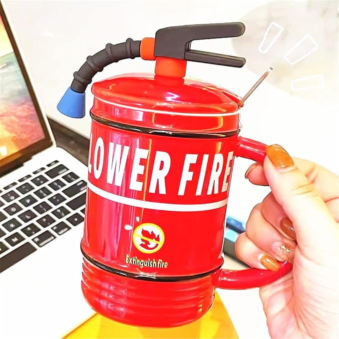Coffee Mug Cups Ceramic Tea Cup Fire Extinguisher Shaped Handmade Cute Mugs With Lid Spoon Handle Office Home Hot Ice Chocolate Milk Mugs Gifts Microwave Dishwasher Safe Travel Mugs (Red)