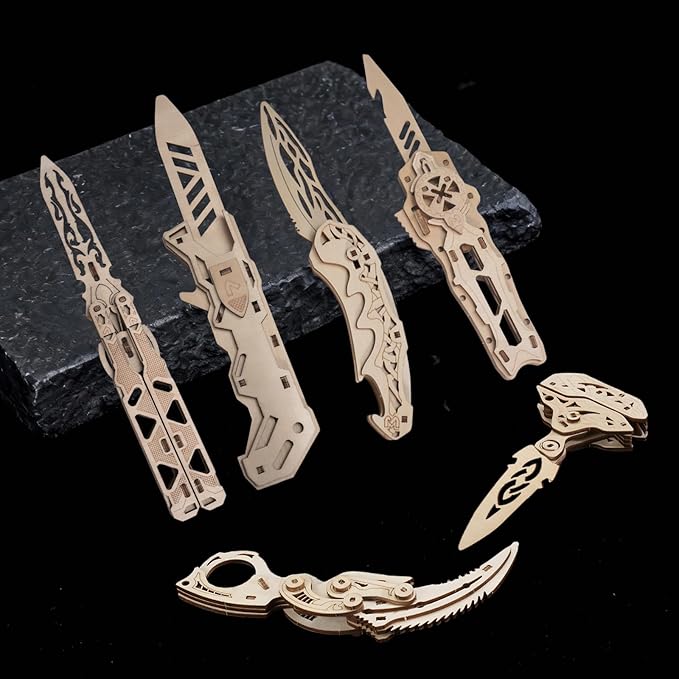 3D Wooden Puzzles for Adults – 6 Knife Set with 266 Pieces, Movable Interlocking Mechanical Structure, High-Precision Laser-Folded, Wood Model Craft Kit & Wooden Building Kits
