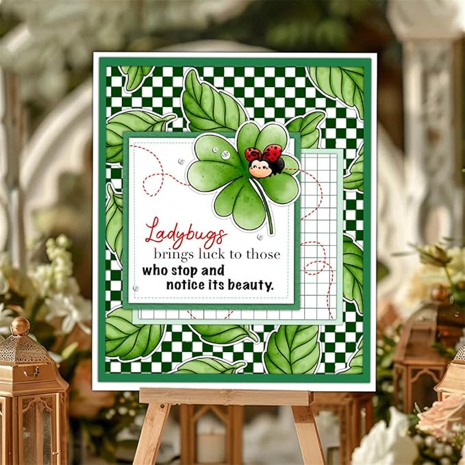Ladybug Four-Leaf Clover Stamps and Cutting Dies for Card Making DIY Transparent Silicone Clear Stamp and Metal Die Cuts Sets for Scrapbooking Paper Greeting Cards Decor Seals Craft Supplies