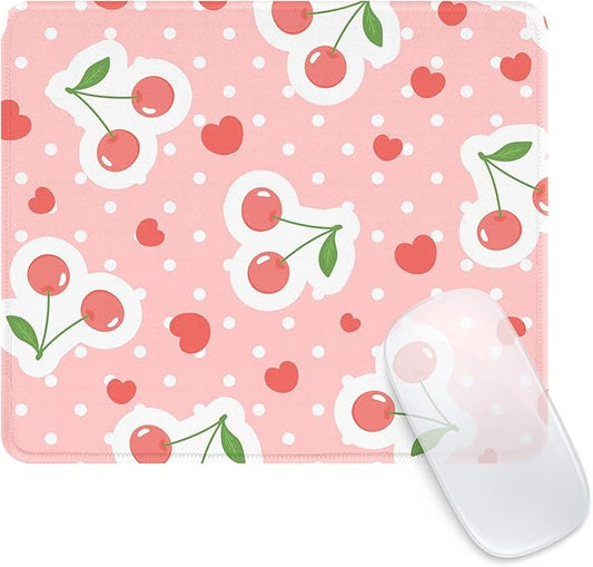 Seorsok Square Cute Funny Mouse Pad,Office Home Personalized Mouse Mat Design,Waterproof Mousepad,Non-Slip Rubber Base Computer Mouse Pads for Wireless Mouse,Pink Cherries and Hearts
