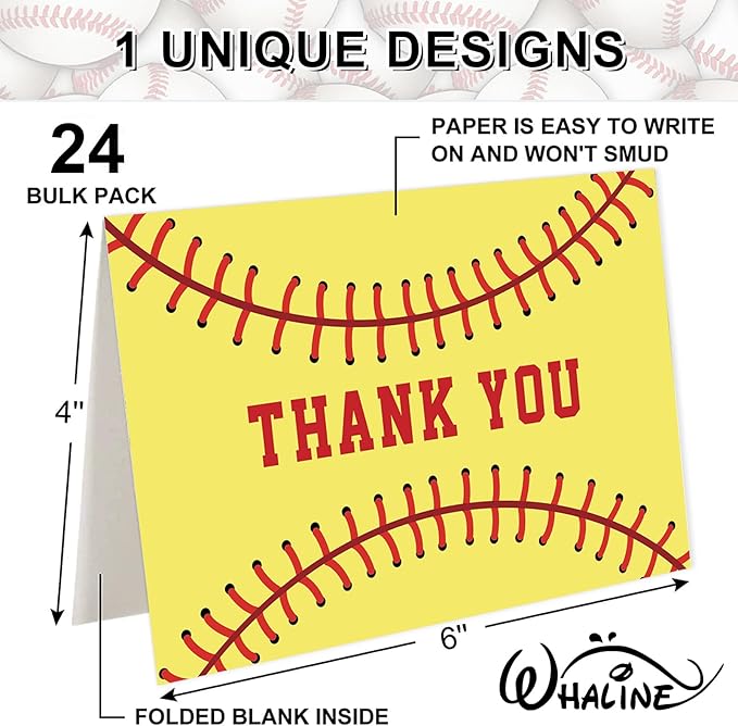 Whaline 24 Pack Softball Thank You Cards Greeting Cards Red Black Yellow Sports Theme Blank Note Card with Envelopes Stickers for Sports Fans Game Party Birthday, 4 x 6 Inch