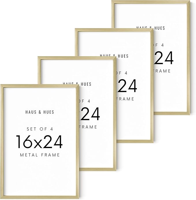 HAUS AND HUES 16x24 Gold Metal Picture Frames - Premium Aluminum with Hanging Hardware, Shatterproof Plexiglass - Perfect for Home or Office (16x24 in, Gold, Set of 4)