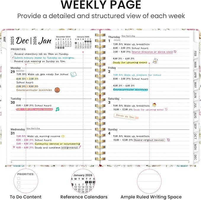Taja Planner Jan 2026 - Dec 2026, Hardcover Weekly & Monthly Calendar Planner/Planning Agenda Book for Women with Tabs & Inner Pocket, Spiral Bound for School/Office Supplies, Wildflowers, 6.3" x 8.5"
