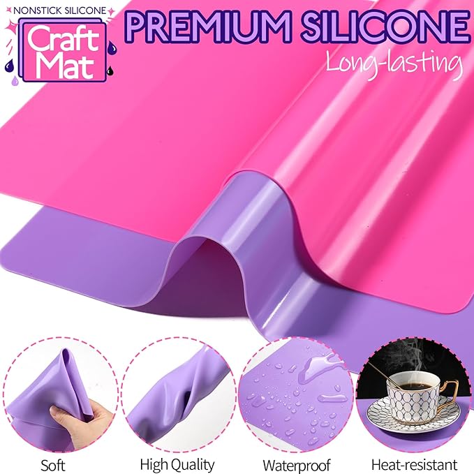LEOBRO Silicone Mats for Crafts, 2pcs Silicone Mat for Jewelry Resin Molds, UV Resin, DIY Art Crafts, Hot Pink & Light Purple, 11.69" x 8.26"