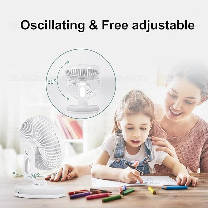 Small Desk Fan With Night Light, Auto Oscillating Table Fan With 3000mAh Rechargeable Battery, USB Personal Fan With 4 Speeds Wind, Adjustable Fan For Home, Office Bedroom, Camping (white)