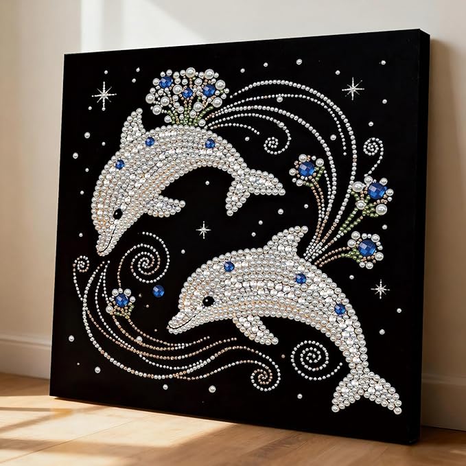 DIY Pearl Painting Kit with Wooden Frame, 3D Plastic Pearl Gemstone Ocean Art Craft for Adults Beginners, Diamond Art Kits for Adults, Home Wall Decor Ready Gift for Women(Dolphins)(30 * 30cm)