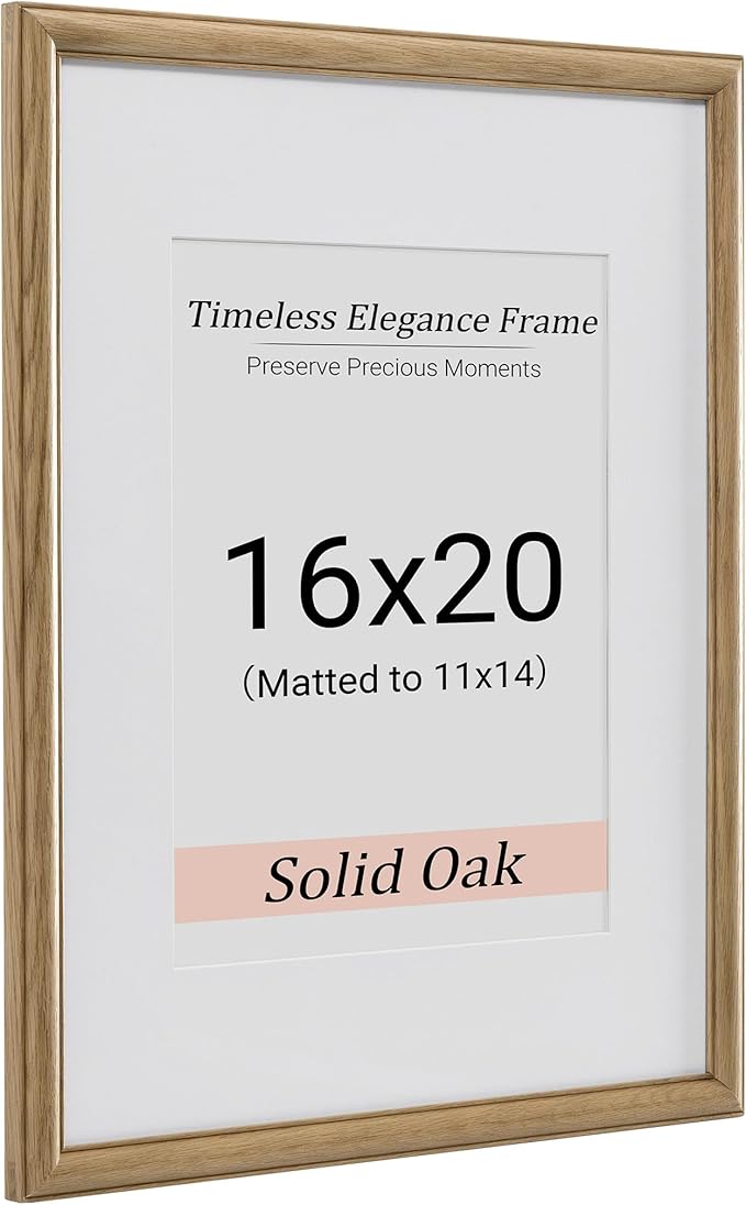 Heimlove 16x20 Picture Frame,16 x 20 Solid White Oak Photo Frame Matted to 11x14 with Tempered Glass,16"x20" Handcrafted wood Poster Frame,Vertical or Horizontal Wall Hanging Display,1 Pack