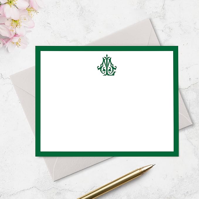 Chic Interlocking 2 Letter Monogram Note Card and Envelope Stationery Set, Classic Monogrammed Personalized Stationary in Choice of Set Size and Colors (Monogram with Solid Color Border)