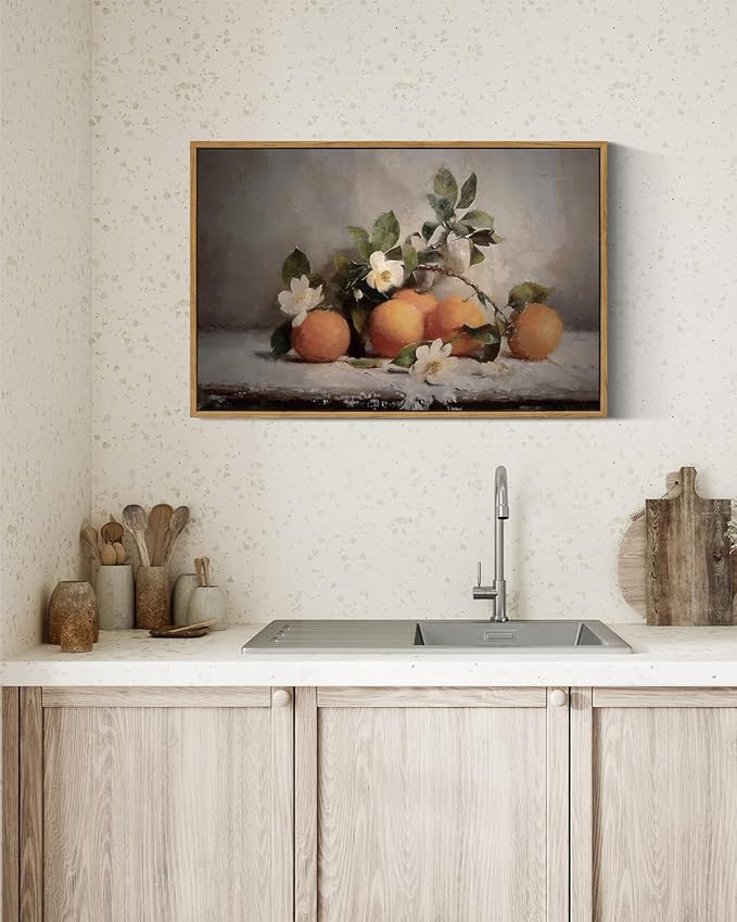VIYYIEA Vintage Farmhouse Framed Wall Art, Oranges Still Life Paintings Kitchen Decor Aesthetic, Canvas Print Artwork, Rustic Home Wall Pictures for Living Room Bathroom Bedroom, 16x24 Inch