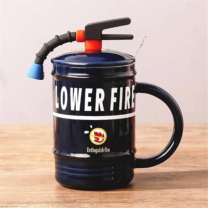 Coffee Mug Cups Ceramic Tea Cup Fire Extinguisher Shaped Handmade Cute Mugs With Lid Spoon Handle Office Home Hot Ice Chocolate Milk Mugs Gifts Microwave Dishwasher Safe Travel Mugs (Blue)
