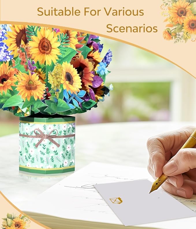 3D Pop Up Flower Bouquet Cards Pack – Roses, Sunflowers and Succulents Greeting for Women - for Mother's Day, Birthdays, Get Well, Sympathy, Congratulations & Thank You – Includes Envelopes & Note Cards