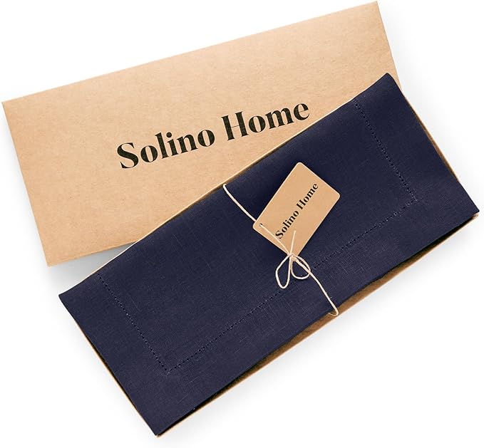 Solino Home Linen Table Runner 90 Inches Long - 100% Pure Linen Navy Blue Table Runner 14 x 90 Inch for Winter - Medium Weight Hemstitch