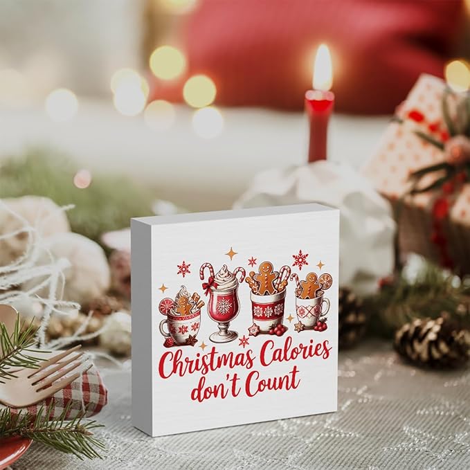 Christmas Kitchen Decorations, Hot Cocoa Sign Gingerbread Home Decor for Table Shelf, Christmas Calories Don't Count Sign 5 x 5 inch