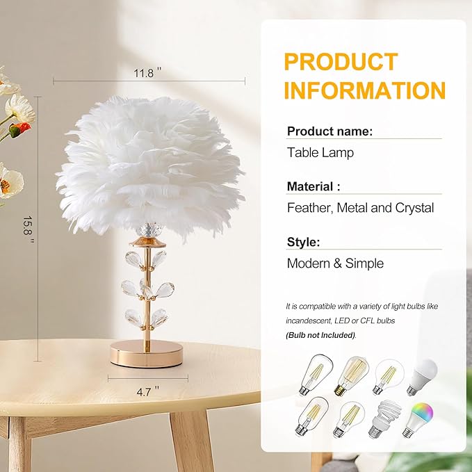 Chic White Feather Lamp Creative Fluffy Table Lamp Cute Kids Bedside Lamp Modern Feather Desk Light for Teen Girls Bedroom Living Room Entryway Study Room Wedding Deco