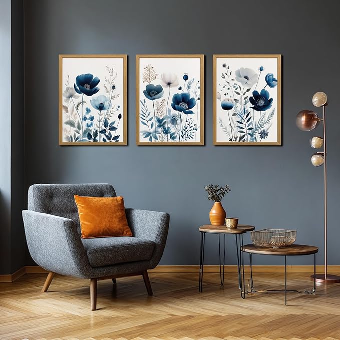 LLEEMPI Navy Blue Floral Wall Art Set of 3, Modern Wildflower Wall Decor, Watercolor Botanical Canvas Paintings, Classic Minimalist Poster Prints for Bedroom Bathroom Office Wood Framed 12x16 Inch