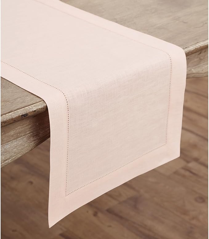 Solino Home Linen Pink Table Runner 108 Inches Long - 100% Pure Linen 14 x 108 Inch Table Runner for Valentines, Spring, Easter - Classic Hemstitch