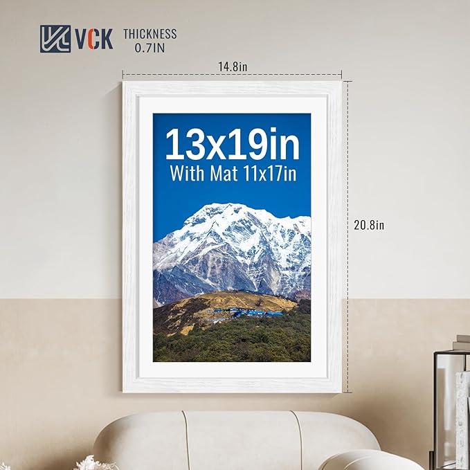 VCK 13x19 Picture Frames White Set of 5, Wide Border Wood, Tempered Glass, Display 11x17 Photo with Mat or 13 x 19 without, for Home, Office, Gallery, Woodgrain Series, Wall Hanging