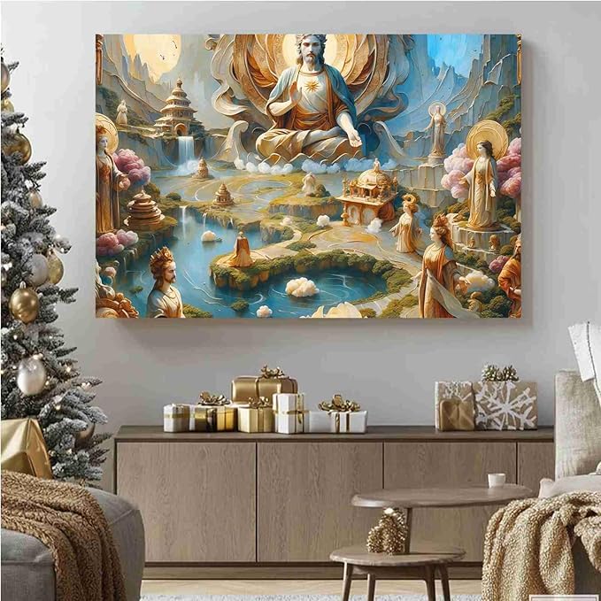 Biblical Scene Wall Art Religious Wall Decor Messiah on Throne Print Sacred Landscape Poster Vintage Oil Painting Christmas Print Indoor Decor for Home Church Chapel Prayer Room Framed Ready to Hang