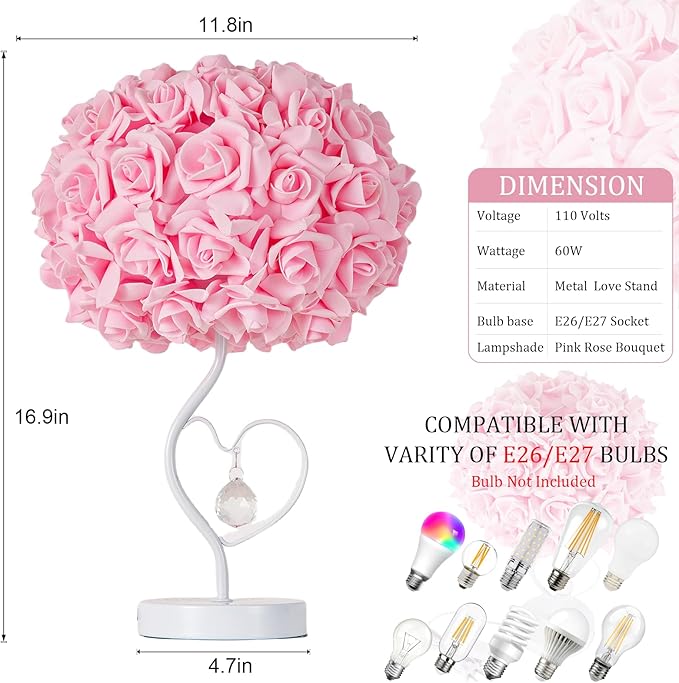 Pink Rose Flower Lamp Romantic Bedside lamp Princess Table Flower Lamp for Nightstand Desk Light for Bedroom Women Girl Dating Christmas Gift Party Wedding Decor Living Room Office
