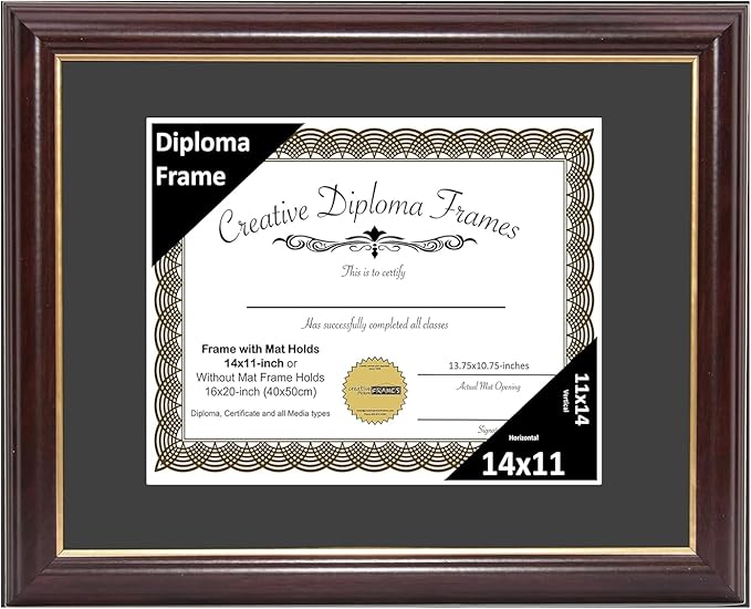 Creative Picture Frames 14x11 Mahogany Gold Rim Diploma Frame with Black Mat Glass and Installed Wall Hangers | Frame Holds 16x20 Media without Mat