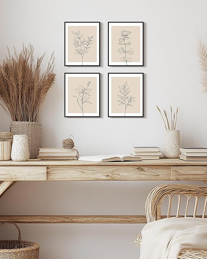 Drsoum Botanical Boho Framed Wall Art Wooded Minimalist Aesthetic Flower Prints Farmhouse Retro Plants Rustic Bathroom Kitchen Home Decor Ready to Hang 8x10inx4pcs (Black Framed)