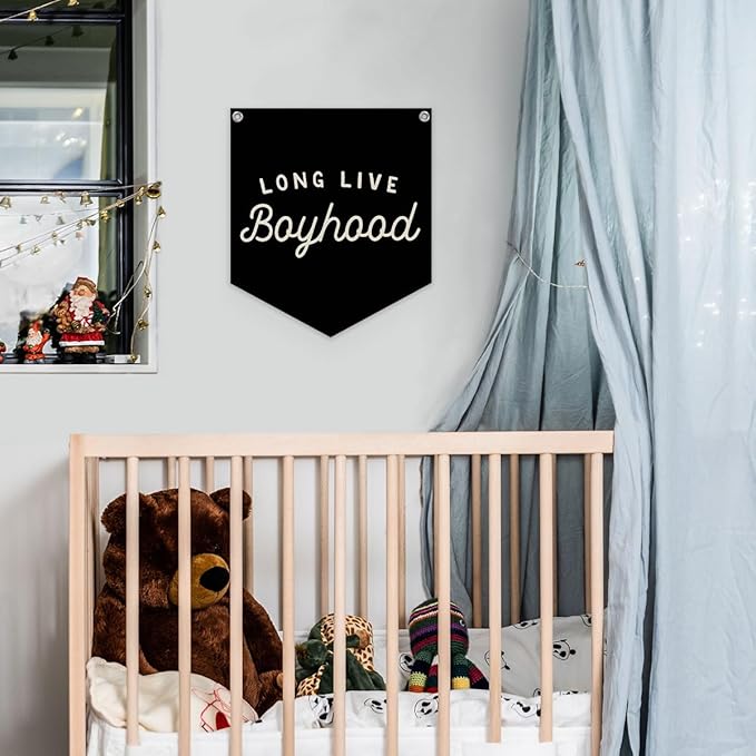 Lacama Long Live Boyhood Linen Banner, Vintage Room Decor,Boy Bedroom Wall Hanging Banner Pennant Flag Decor for Nursery Playroom Toddler Nursery Decor Kids Room,12.4x14 in(Black)