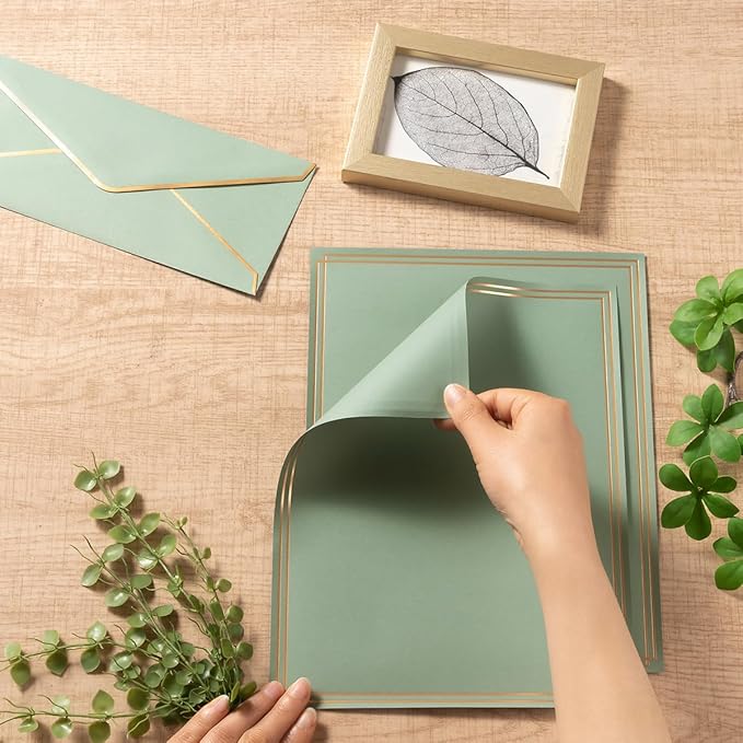 50 Pack Stationery Set with Gold Border, #10 Business Envelopes and 8.5x11 Paper Sheets and Stickers for Writing Letters (Sage-Green, 8.5x11 Inches)