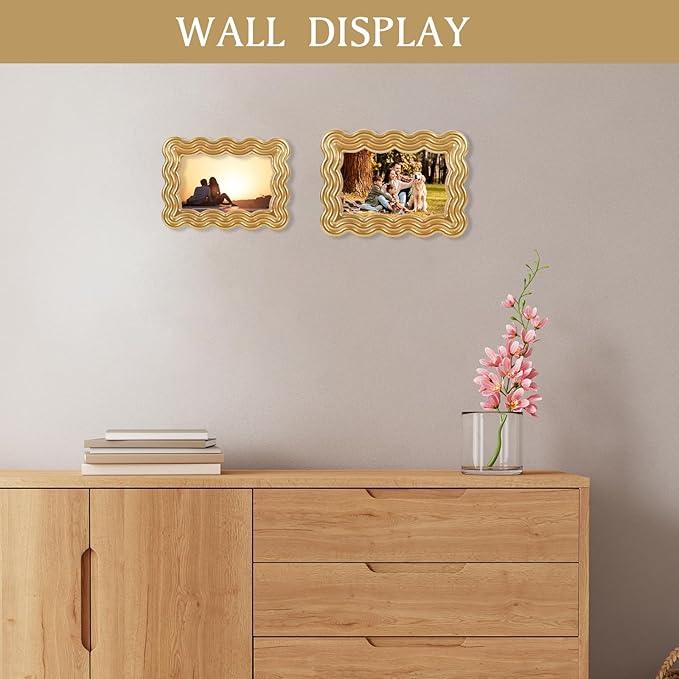 4x6 Picture Frame, Display Pictures 4x6 with Mat, Wavy Edge Wood Photo Frame for Tabletop and Wall Hanging, with Clear Plexiglass for Vertical or Horizontal Display, Gold, 1 Pack