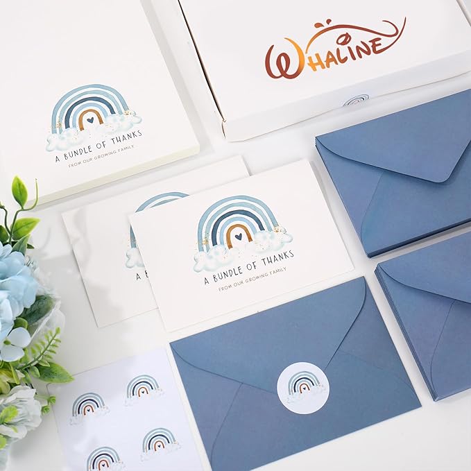 Whaline 50 Pack Blue Rainbow Thank You Cards Boxed A Bundle of Thanks from the Growing Family Note Cards with Envelope Sticker Greeting Blank Card for Birthday Baby Shower