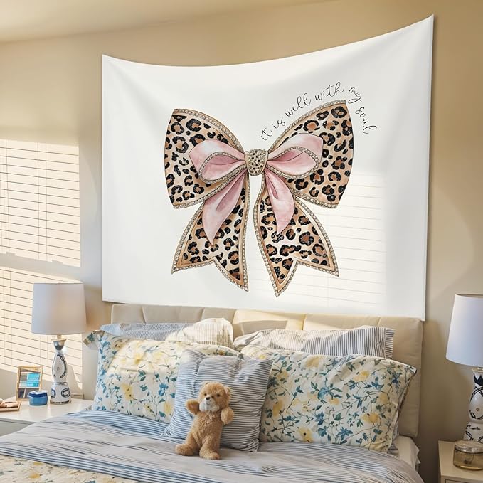 STHTTSW Christian Leopard Bow Tapestry Aesthetic, It Is Well With My Soul Tapestries Wall Blanket, Girly Religious Wall Hanging Decor for Girl College Dorm Apartment Bedroom Church, 50x60 Inch
