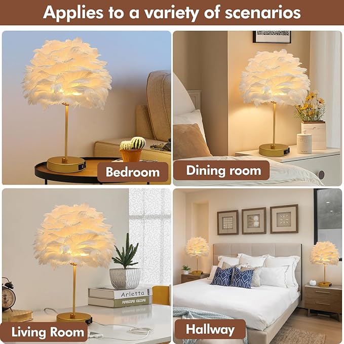 ZYLEIESENBAO Chic White Feather Lamp with USB Charging Port Modern Feather Table Lamp Cute Romantic Bedside Nightstand Light for Girl Room Childrens Room Living Room Entry Wedding Decoration