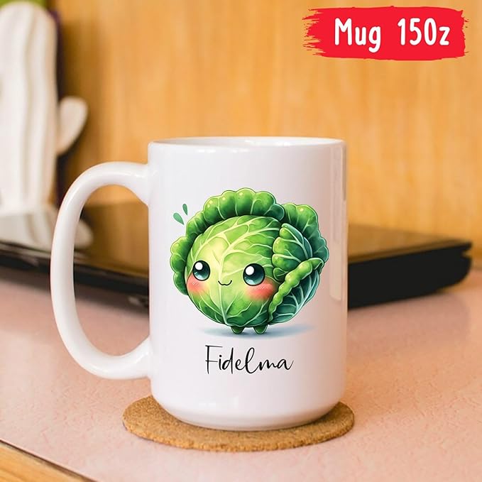 Cabbage Coffee Mug Gifts For Vegetable Lovers, Custom Cabbage Fans Ceramic Cup With Name, Personalized Cabbage Vegetable Travel Cups For Kids Friends Family, Cabbage White Porcelain Mug 11oz 15oz