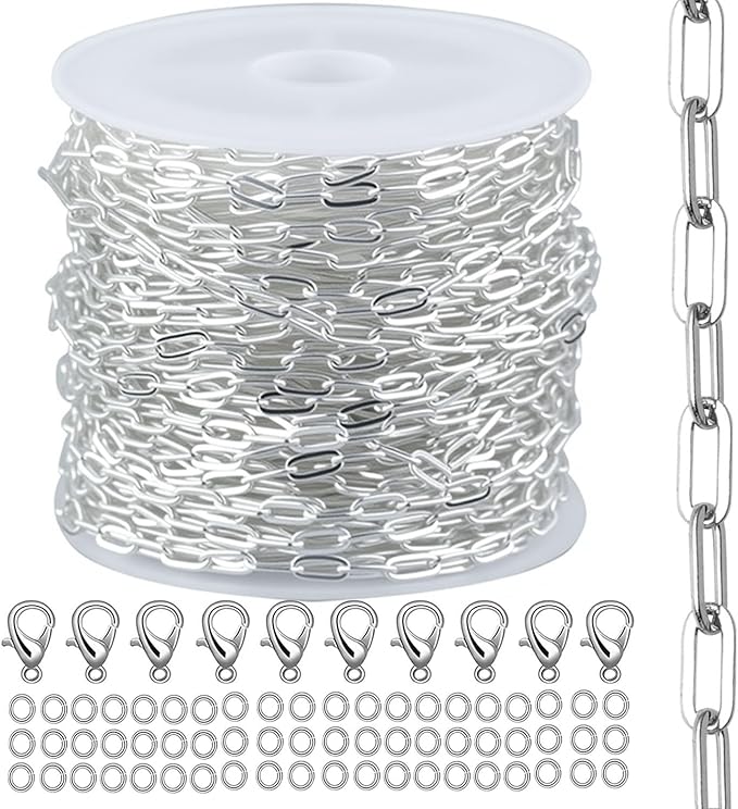 16.4Ft Paperclip Chains Rolls, Charm Necklace Chain 3.2mm Width，Silver Necklace Chain for Jewelry Making，Plated Charm Bracelet Making kit with 10 Lobster Clasps and 60 Jump Rings