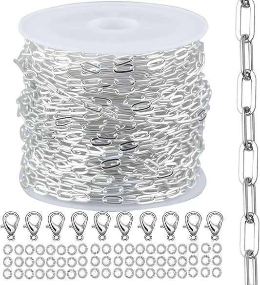 16.4Ft Paperclip Chains Rolls, Charm Necklace Chain 3.2mm Width，Silver Necklace Chain for Jewelry Making，Plated Charm Bracelet Making kit with 10 Lobster Clasps and 60 Jump Rings
