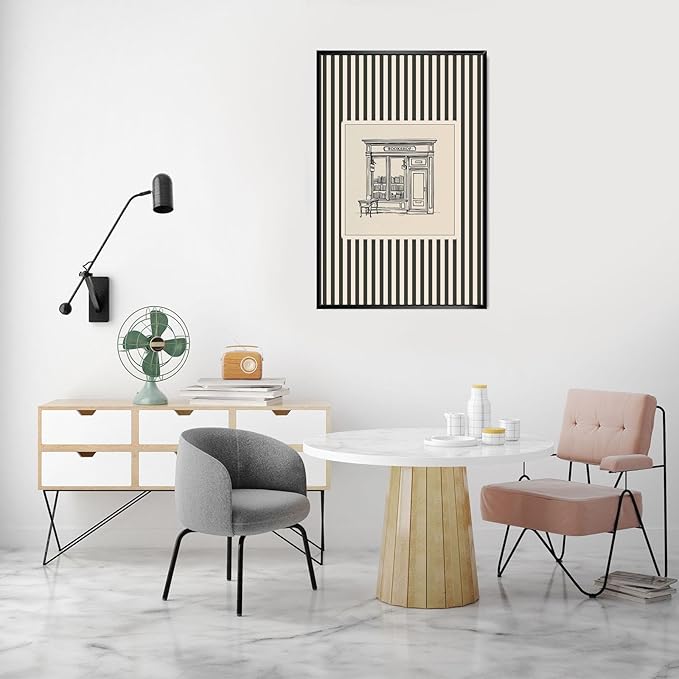 Vintage Bookshop Poster Elegant Black Ink Bookstore Sketch on Cream Striped Wall Art for Booker Lovers Aesthetic Room Decor Prints 24X36 in Unframed