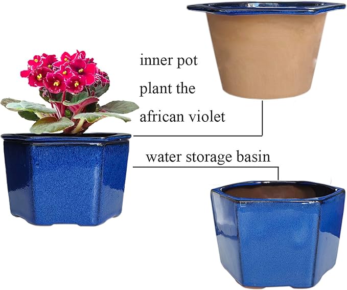 African Violet Pots 6 inch Hexagon Self-Watering Ceramic Violet Pots 4.50'' Opening (Blue)
