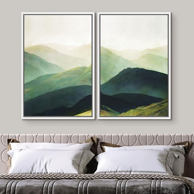 SIGNWIN Framed Canvas Print Wall Art Set Green Mountain Range Forest Landscape Nature Wilderness Digital Art Modern Art Floral Rustic Decorative for Living Room, Bedroom, Office - 16"x24"x2 White
