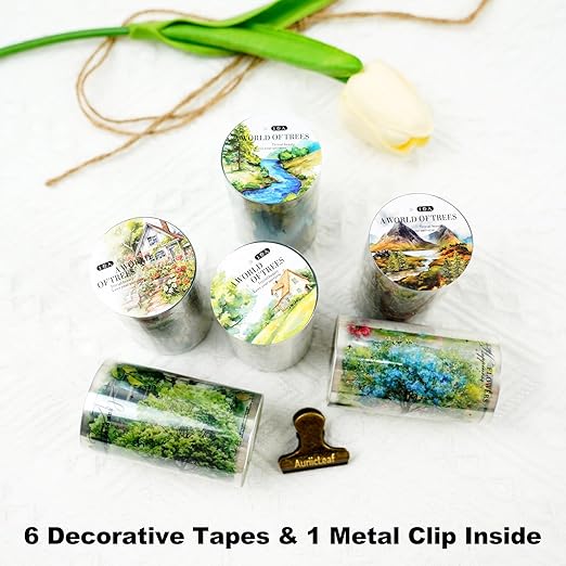 Scenery of a Tree PET Tape Set with Clip, 6 Rolls Decorative Landscape Stickers for Scrapbook, Journal and Crafts