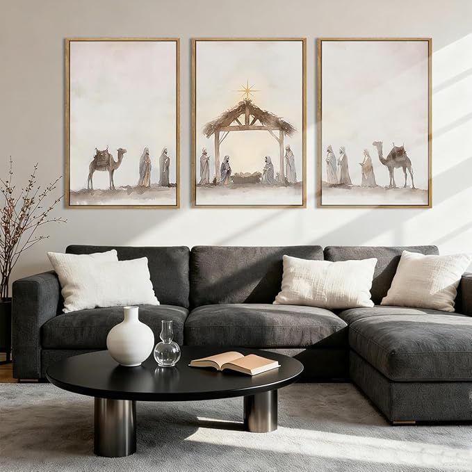Anyzal Large Nativity Wall Art Christian Jesus Artwork Framed Christian Religious Painting for Living Room Bedroom Dining Room 24x36 Inch Set of 3